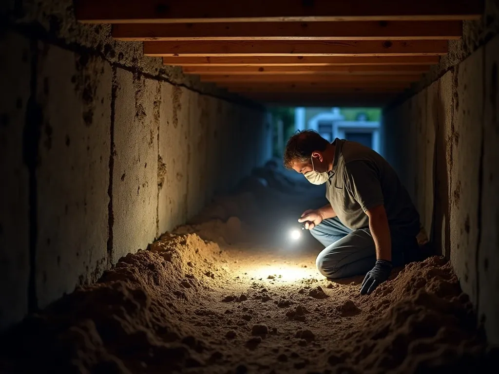 A homeowner with a flashlight crouching at the crawl space access opening, wearing a dust mask and gloves, beam of light illuminating wooden joists and dirt floor inside.