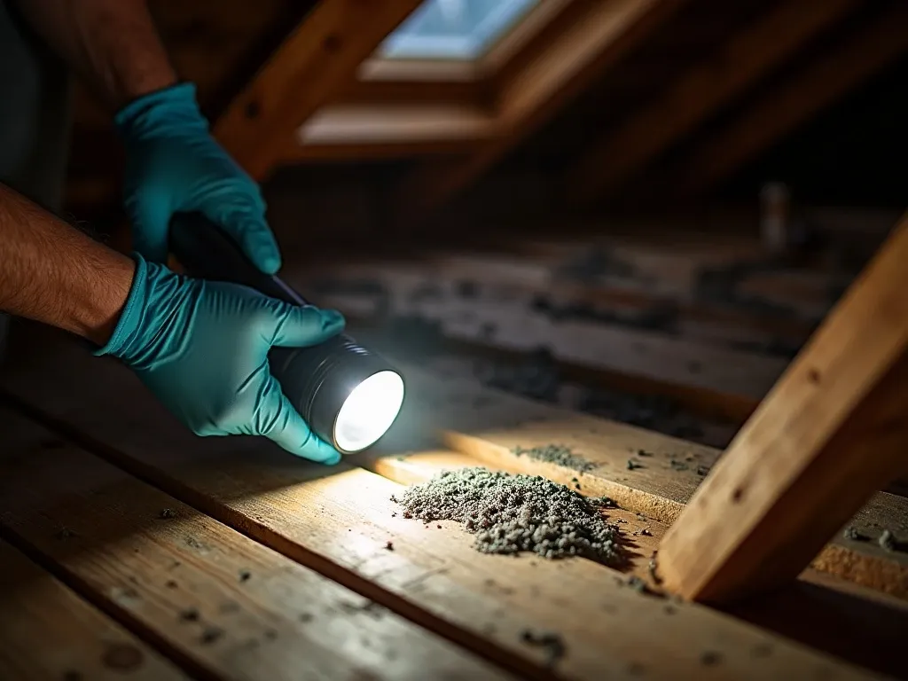 Gloved hands using a flashlight to inspect dark mold growth on wooden attic rafter boards, beam of light illuminating a patch of dark spore growth, attic access hatch visible in background.