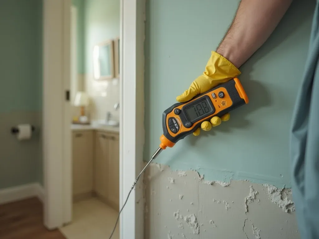 A gloved hand holding a pinless moisture meter against the lower section of a painted interior wall near a bathroom doorway, checking for hidden dampness behind the surface, available indoor light.