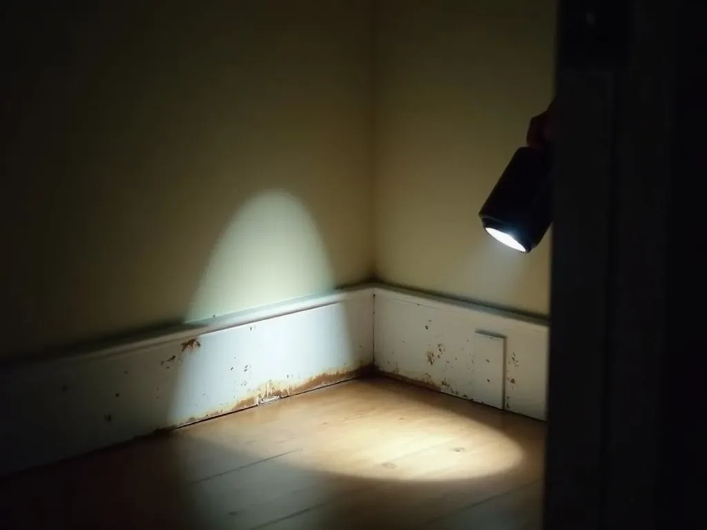 A home inspector's bright flashlight beam raking across a baseboard and the lower wall in a dim room, revealing a faint brown water stain and slight paint bubbling just above the white trim, with the rest of the room in shadow.