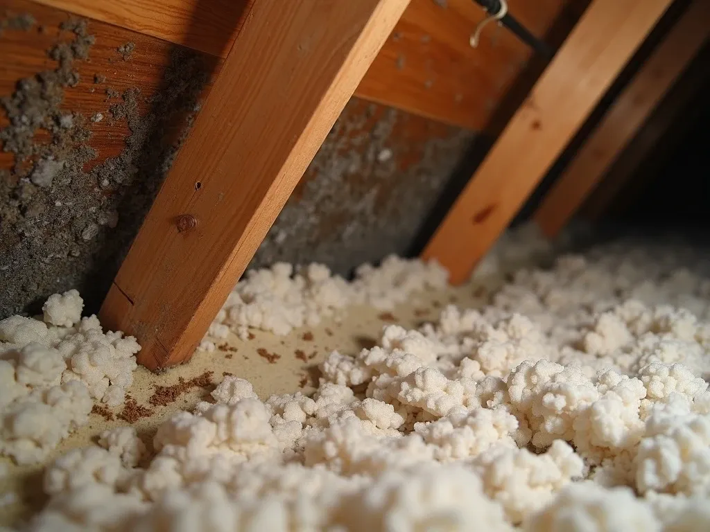 Attic insulation showing brownish water staining and dark mold spots along a low-slope roof section, moisture marks visible across blown fiberglass insulation.