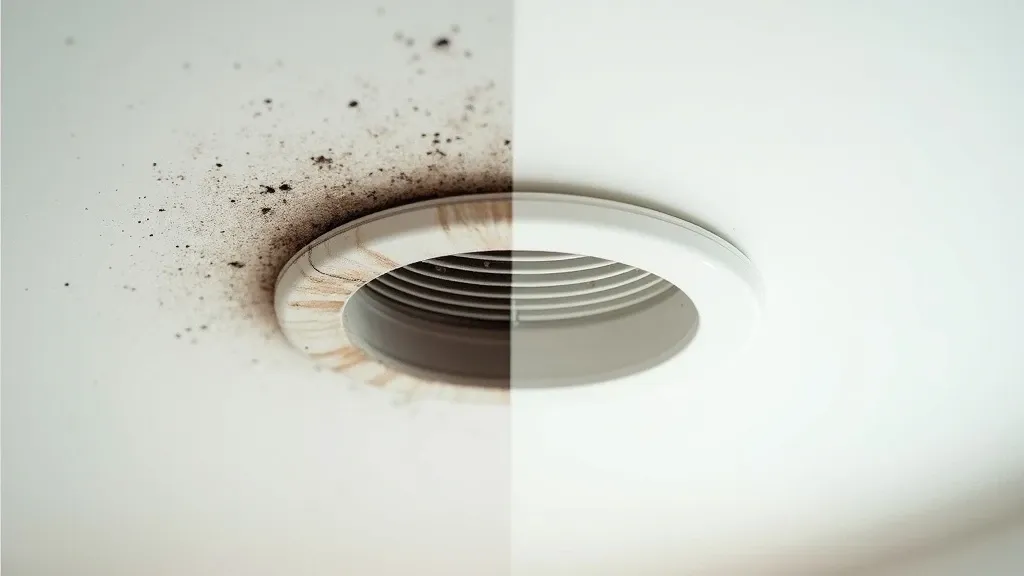 A real Mesa mold removal job shown before and after — mold-damaged surface on the left, cleaned and repaired on the right.
