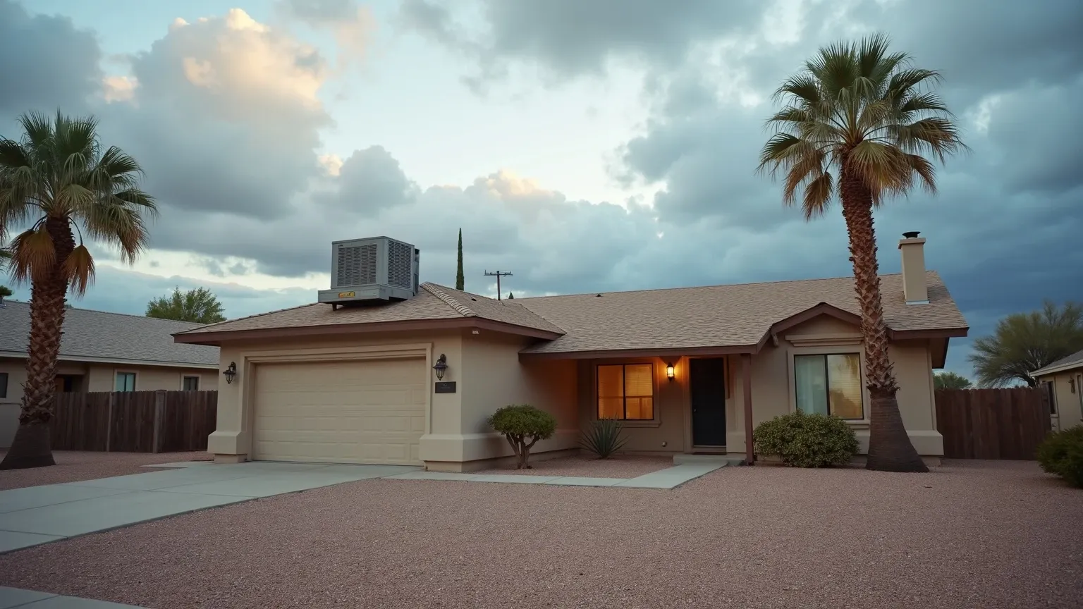 An older Mesa ranch home with a rooftop evaporative swamp cooler, a common source of indoor humidity and mold.