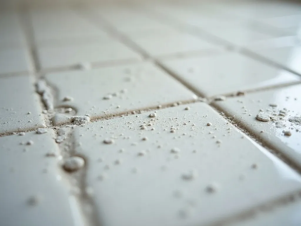 Macro photo of white-gray powdery mildew along shower tile grout lines, a fine surface dusting with soap residue nearby, available bathroom light.