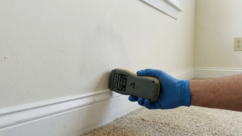 A gloved hand holding a digital moisture meter against the lower wall and baseboard of a home to find hidden water.