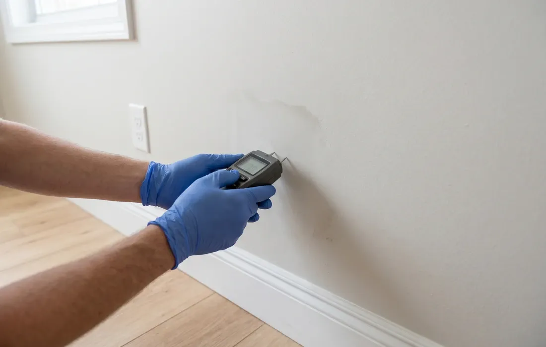 Gloved inspector hands pressing a digital moisture meter probe against drywall surface near a baseboard in a bright clean room after remediation, documentary style