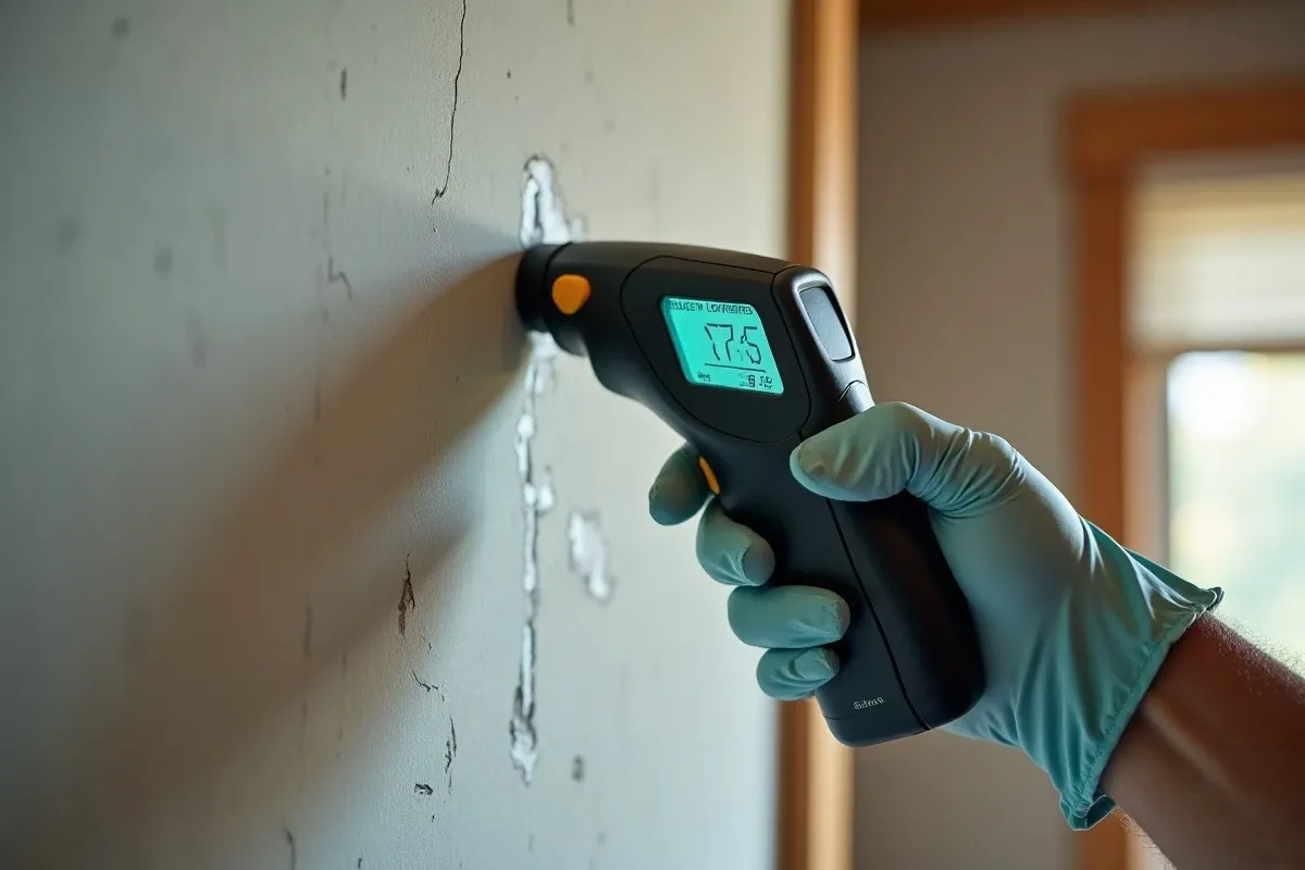 Gloved hand holding a digital moisture meter against interior drywall, showing a high reading, home inspection scene