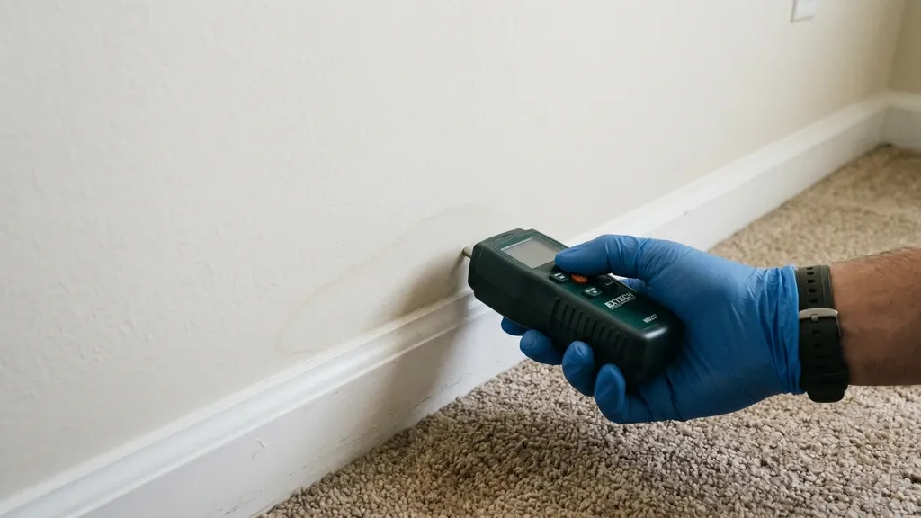 A gloved hand holding a pinless moisture meter against the lower section of a painted interior wall in a Phoenix home, reading the surface for hidden dampness, available indoor light.