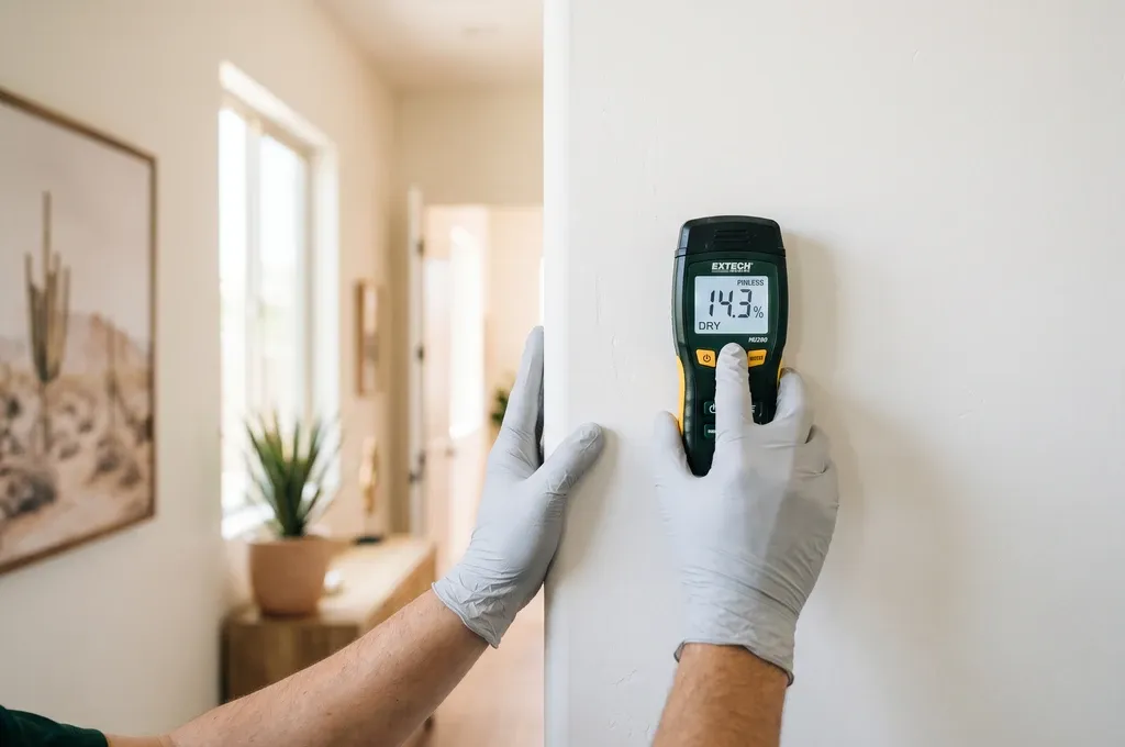 Gloved hands holding a moisture meter against an interior wall in a Phoenix home to check for hidden dampness behind drywall, available indoor light.