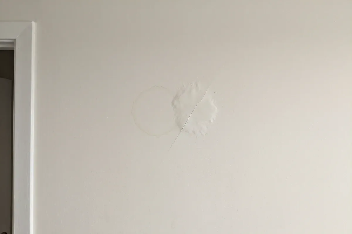 White interior wall of a Phoenix rental beside a door frame, with a small patch of blistered, lifted paint and a faint dried ring around it, and no visible mold growth anywhere on the surface