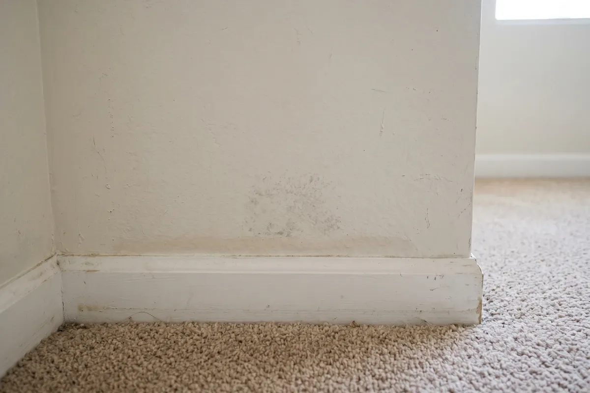 Faint gray mold discoloration on painted drywall near the baseboard of a Phoenix home interior, mild moisture wicking from the floor, small patch near the floor level from below-slab moisture.