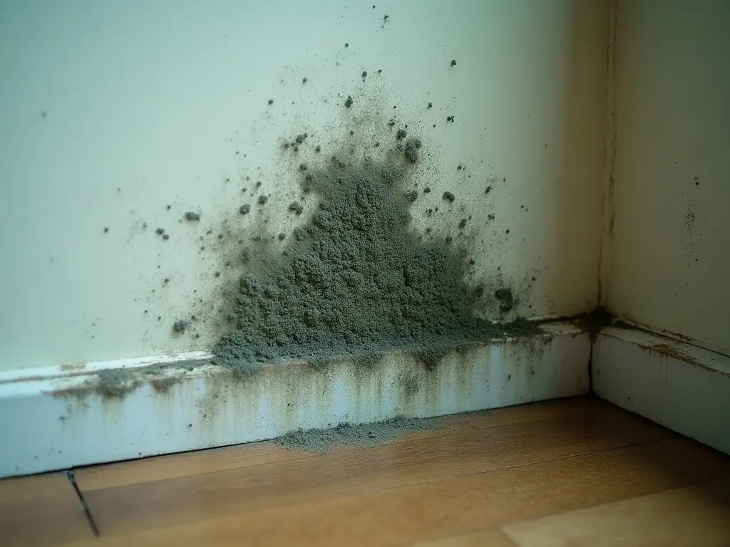 Close-up of a fuzzy dark green and black mold patch on painted drywall near a baseboard, the growth visibly raised into the wall surface, a faint water stain spreading at the edge, dim indoor light.