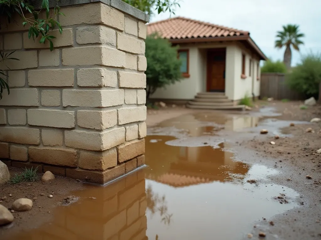 Water pooling against a concrete block foundation wall of an older single-story Phoenix-area home after heavy rain, muddy water collecting against the stem wall, desert landscaping and stucco exterior visible.