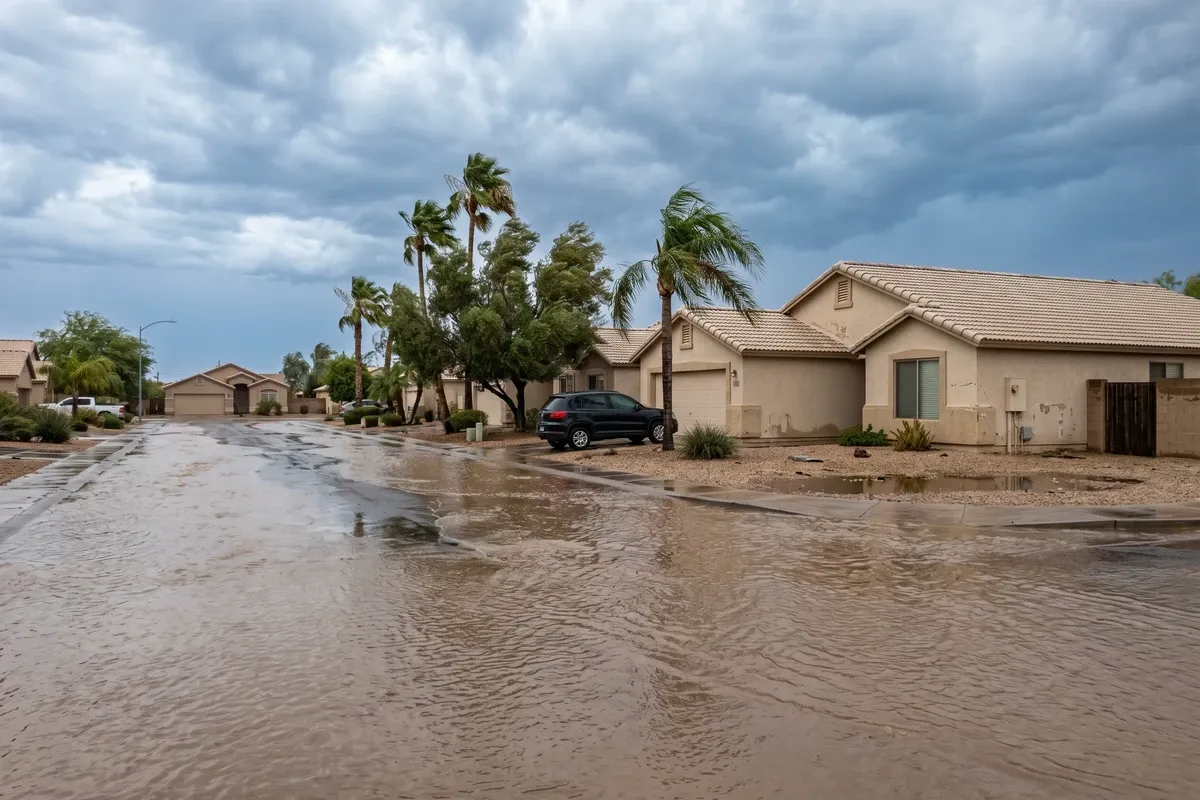 Phoenix street after a monsoon storm with shallow brown floodwater flowing across a residential road, palm trees bending in wind, dark storm clouds overhead, suburban Arizona homes in the background.