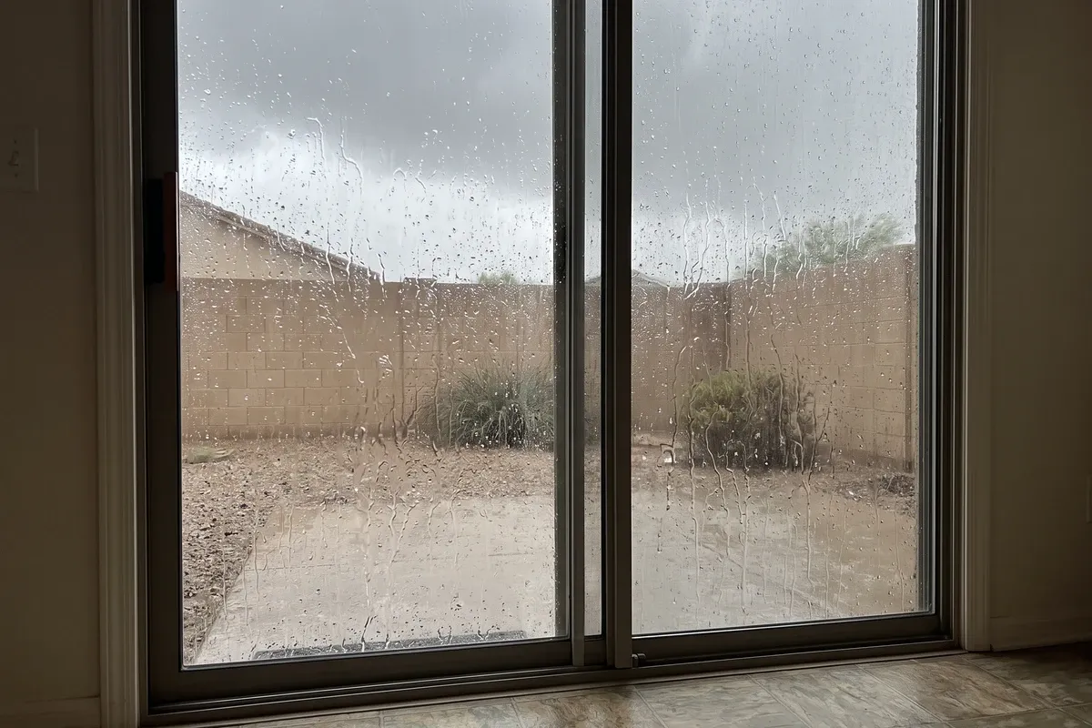 Rain streaking down a window of a Phoenix home during a monsoon storm, with a dark sky behind the glass