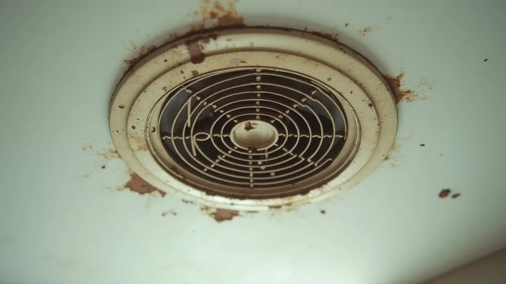 Faint brown water staining and discoloration on a ceiling around an air vent register in a Phoenix home, soft indoor light, paint slightly bubbled at the edge of the stain.