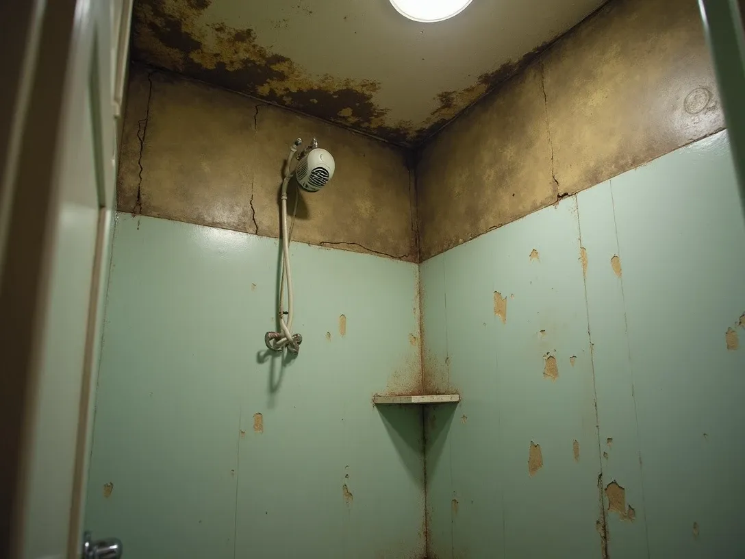 A neglected rental apartment bathroom with heavy mold spreading across the ceiling and upper walls around the exhaust fan, peeling paint, and water staining above the shower.