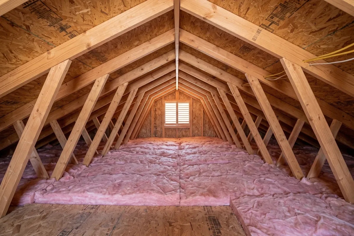 Interior of a new home attic showing clean OSB roof sheathing and fresh lumber rafters, new insulation batts below the rafters, warm attic light coming through a gable vent.