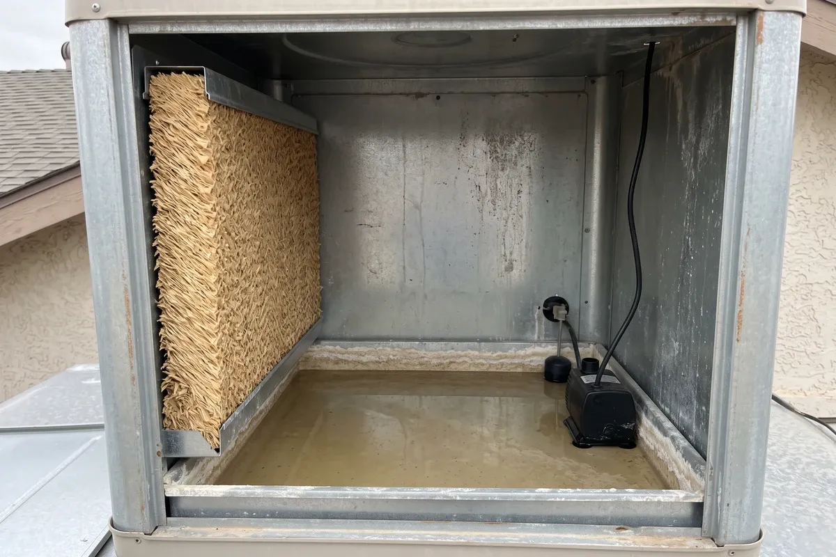 Open swamp cooler cabinet with a straw-colored pad on one side and a shallow layer of cloudy water and light chalky mineral scale along the bottom tray edge