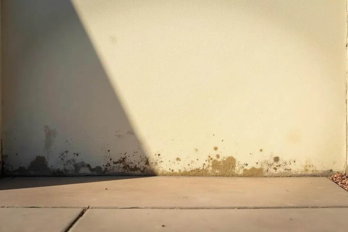 Exterior Arizona home wall under intense sunlight, sun-bleached pale stucco, mold visible only in shaded corner where wall meets ground