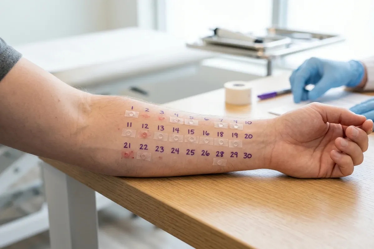 Allergist's patch test tray with numbered wells beside a forearm with skin test markings, natural clinic light, clinical exam setting.