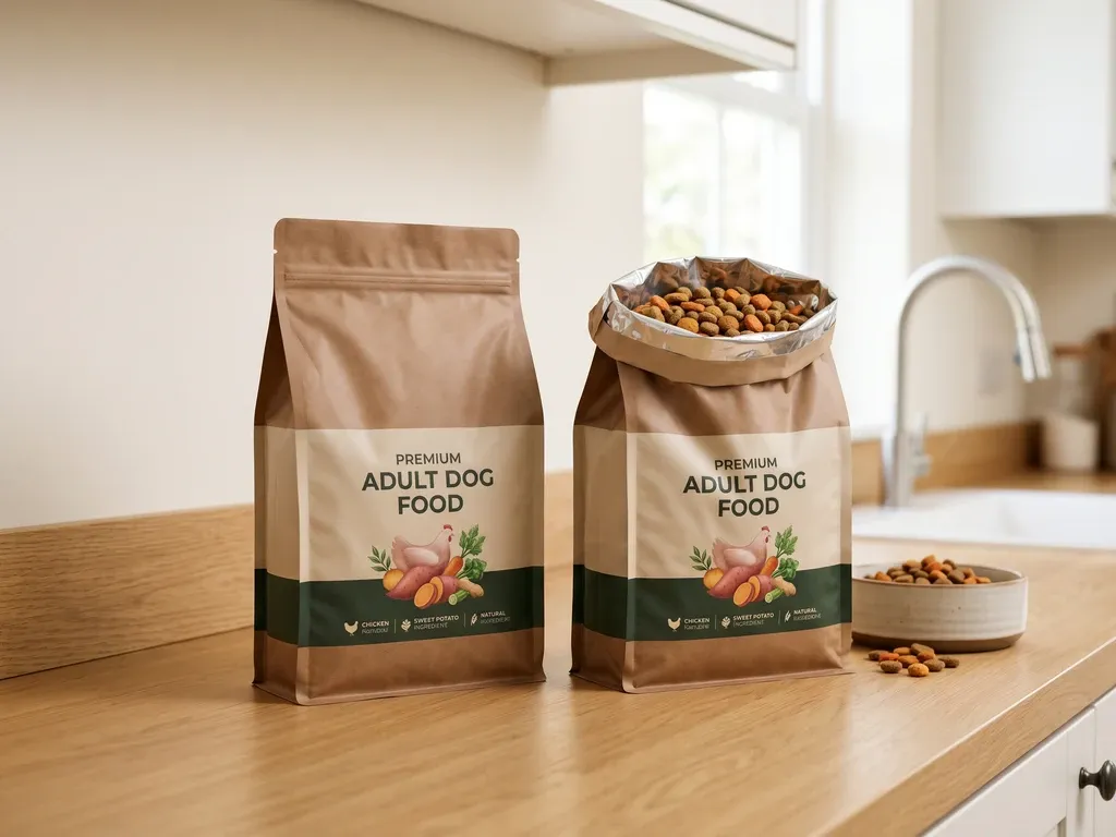 A sealed pet food bag and an open pet food bag side by side on a kitchen counter, plain background, soft overhead light, no visible branding or text, clean commercial style.