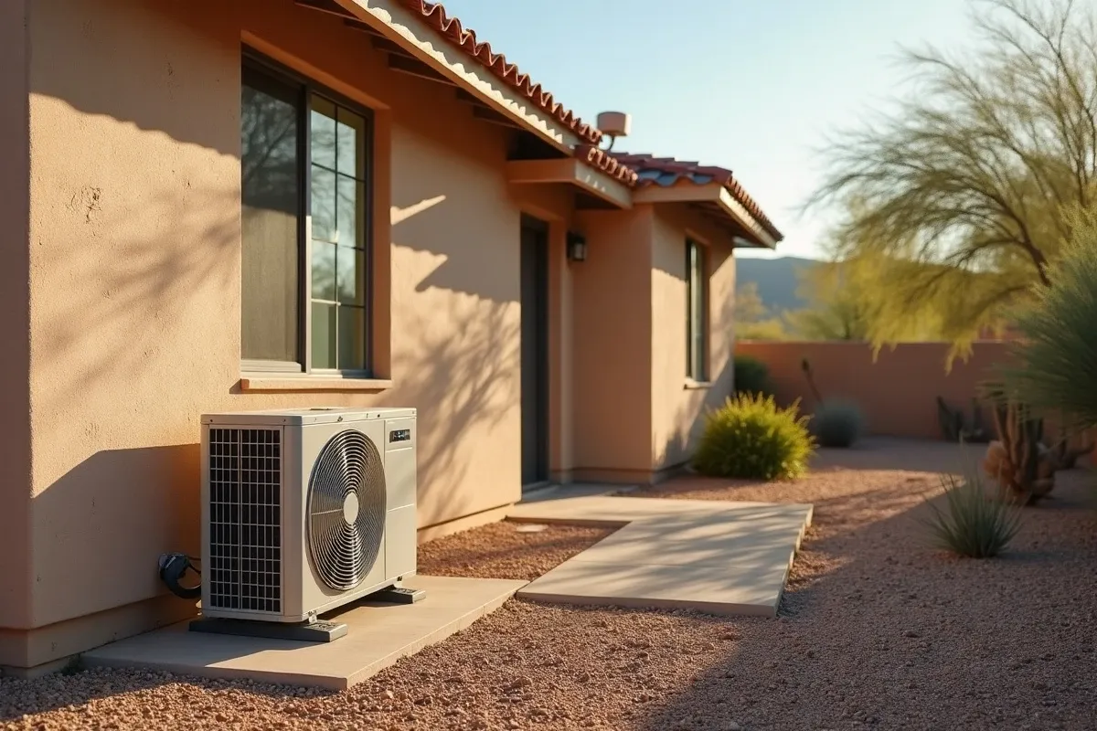 Split-system air conditioning condenser unit on the side of a stucco Phoenix home under desert sun, gravel landscaping, no people