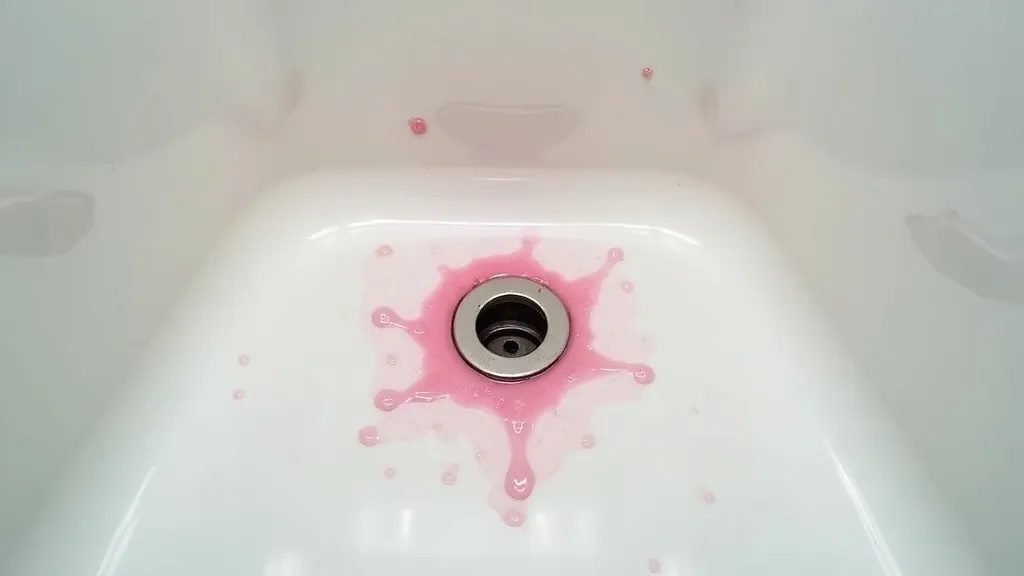Pink Serratia bacteria slime growing on shower floor tiles around the drain, bathroom context with moisture visible