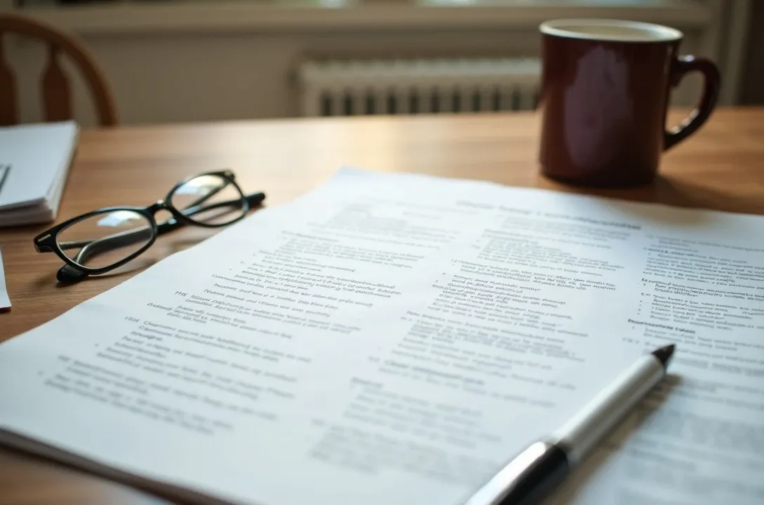 A multi-page homeowners insurance policy declarations document spread open on a wooden kitchen table with dense small print and a visible coverage-limits section, a ballpoint pen resting on the page and reading glasses beside it in warm morning light.