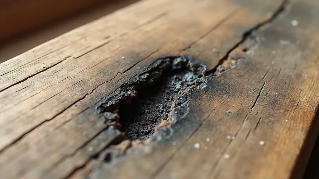 Close view of unfinished wood lumber surface showing dark mold discoloration and staining soaked deep into the wood grain fibers, moisture damage and mold penetration visible