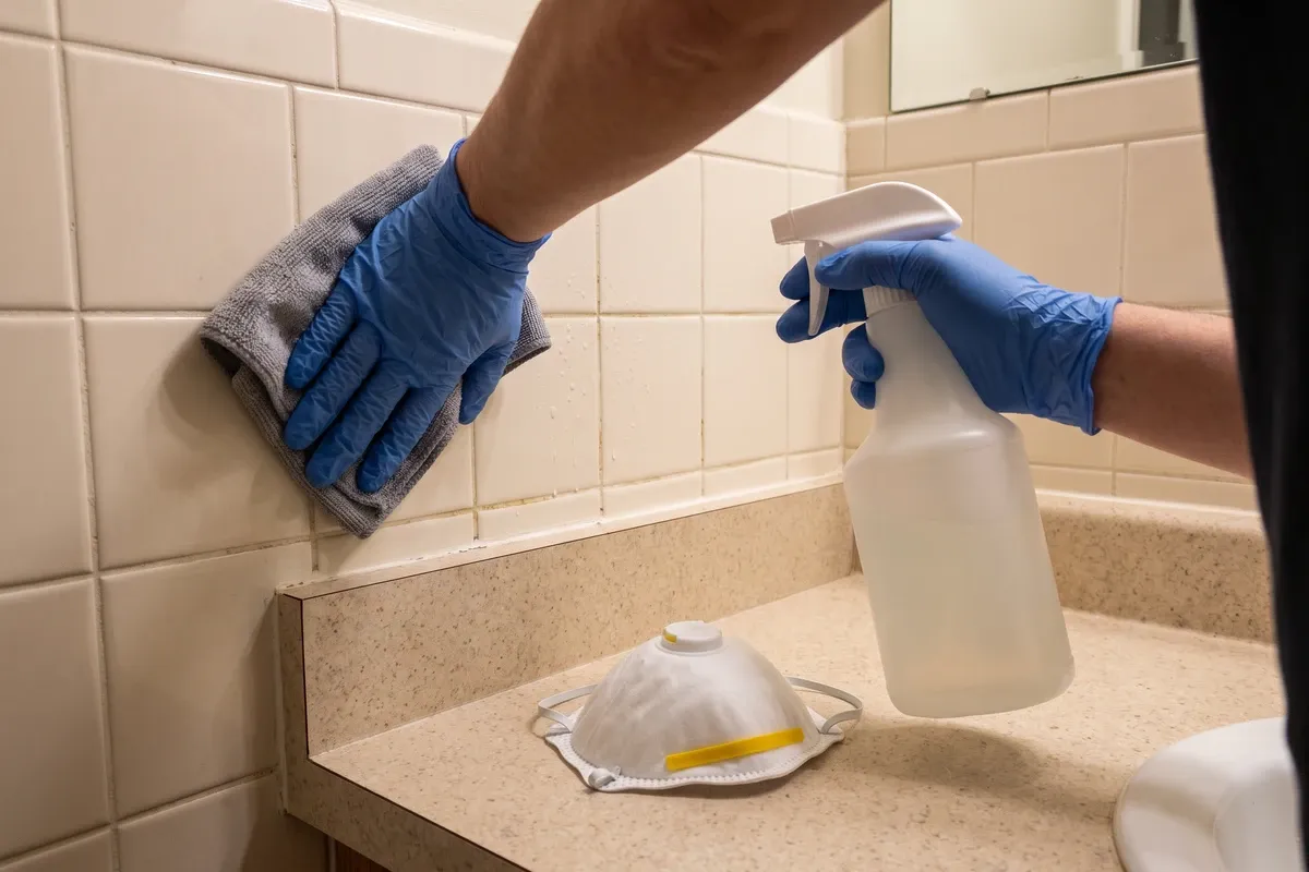 Blue-gloved hands wiping a tiled bathroom wall with a cloth and a spray bottle, an N95 respirator resting on the counter below