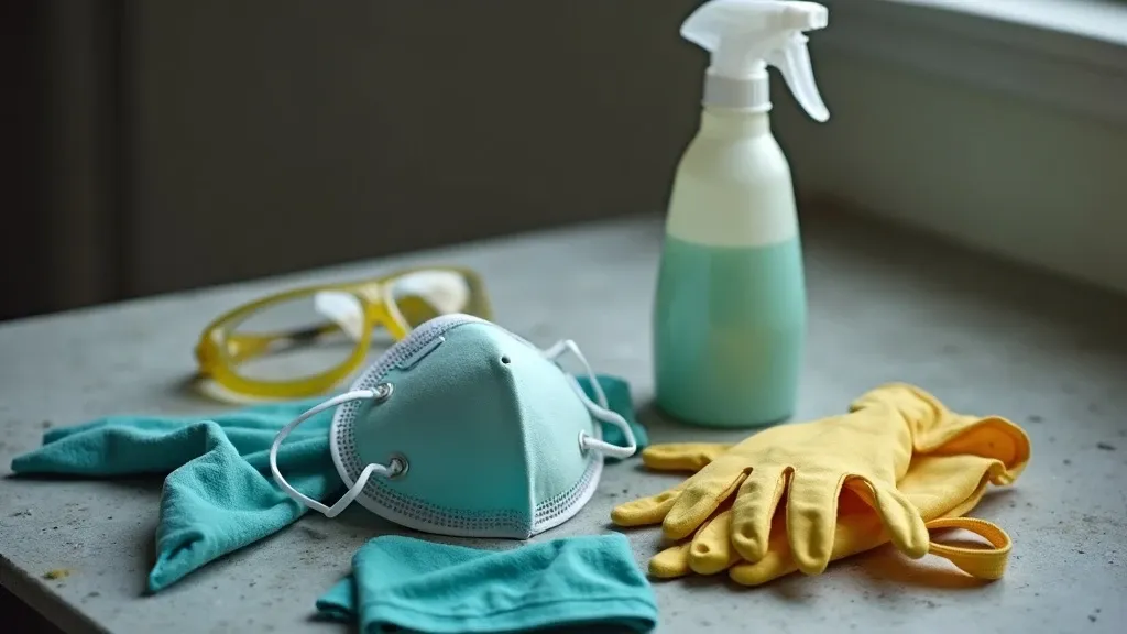 N95 respirator mask, rubber gloves, and safety goggles laid out on a utility surface next to a spray bottle of cleaning solution, personal protective equipment for mold cleanup