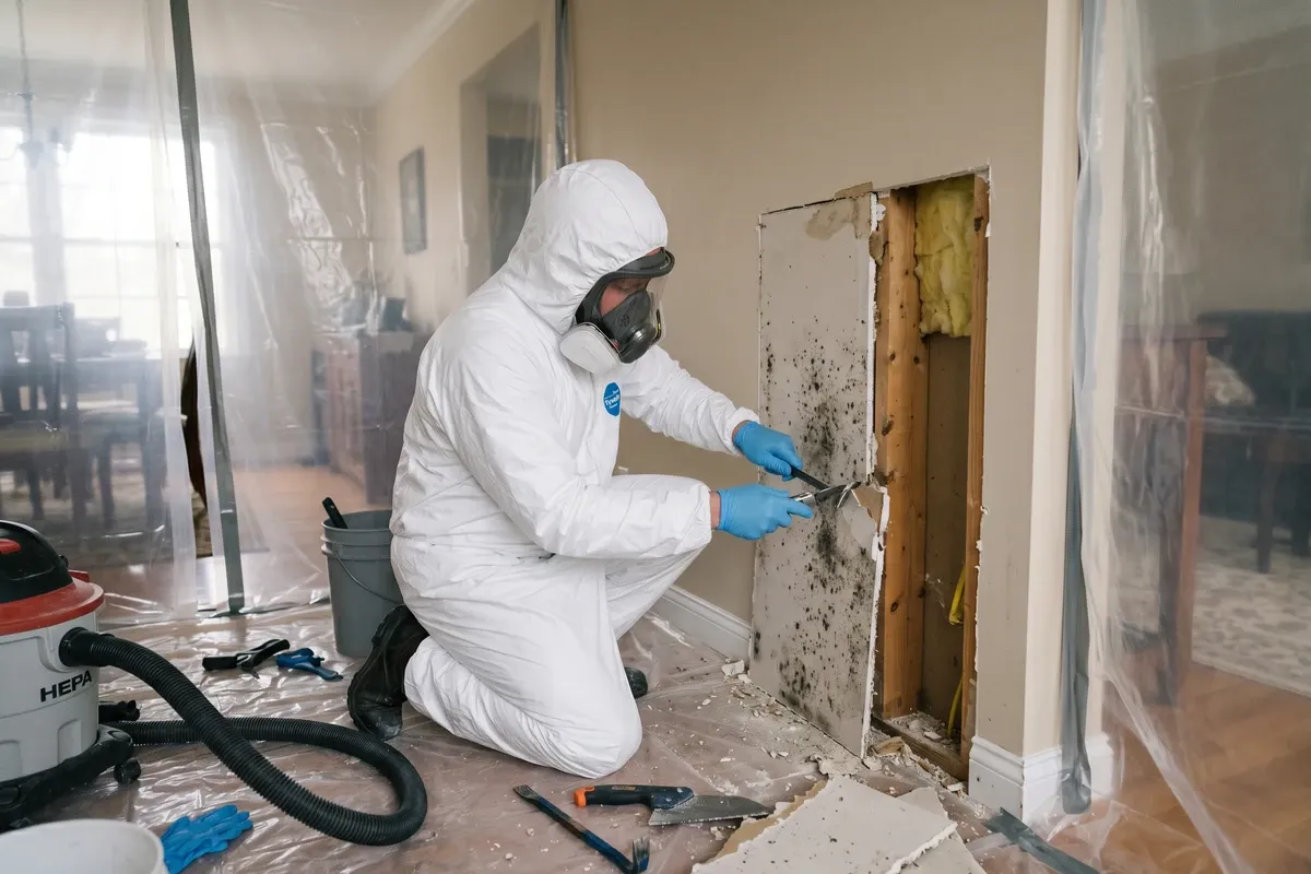 Mold remediation professional in white protective suit and respirator working inside a contained area, removing drywall section, realistic documentary photo
