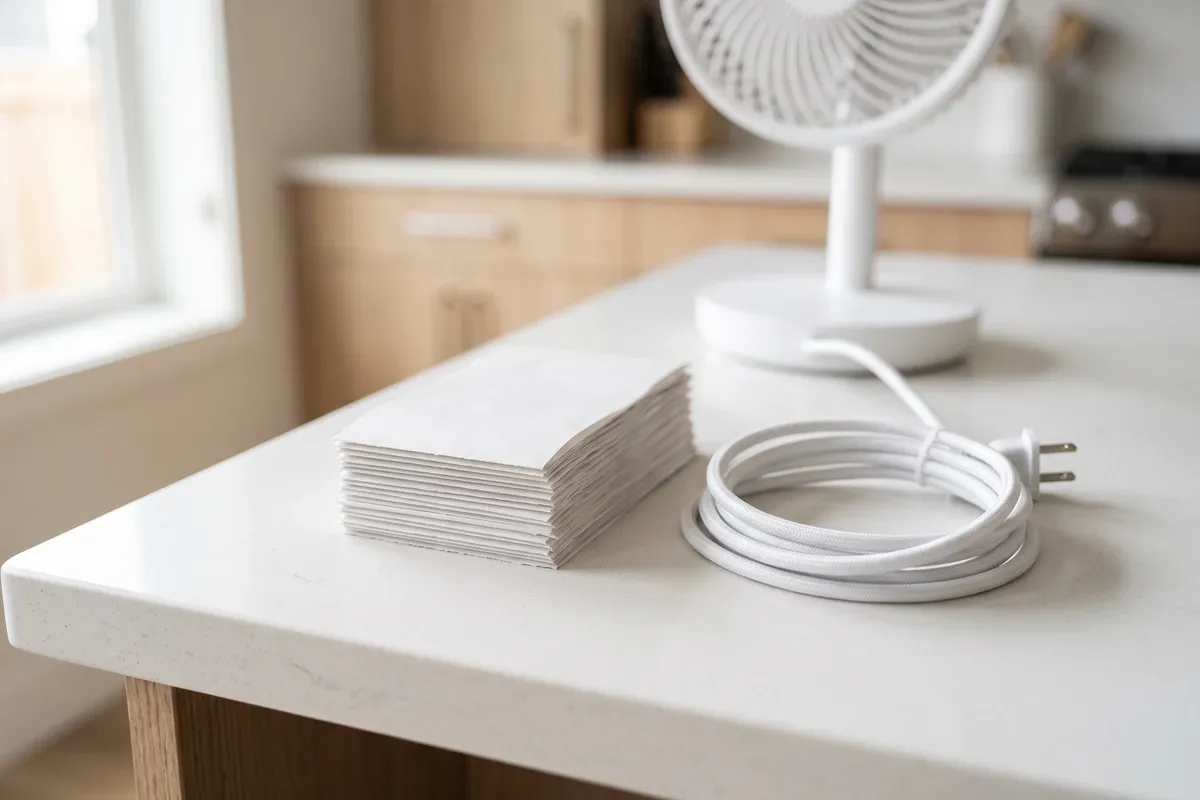 A few plain paper receipts and the cord of a box fan lying on a kitchen counter