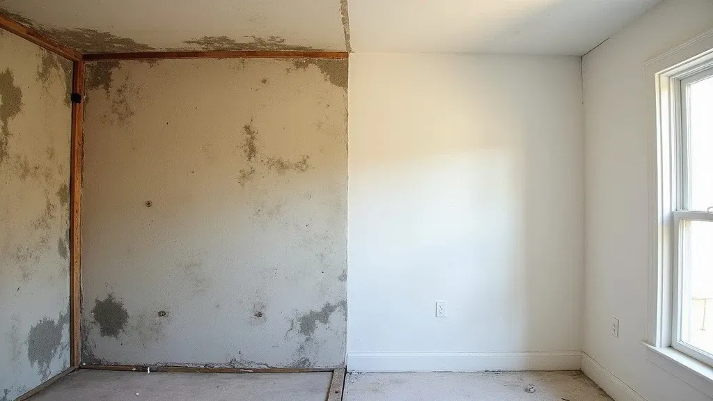 A mold remediation job before and after — a wall opened to the studs with mold-damaged material removed on the left; rebuilt clean and repainted on the right.