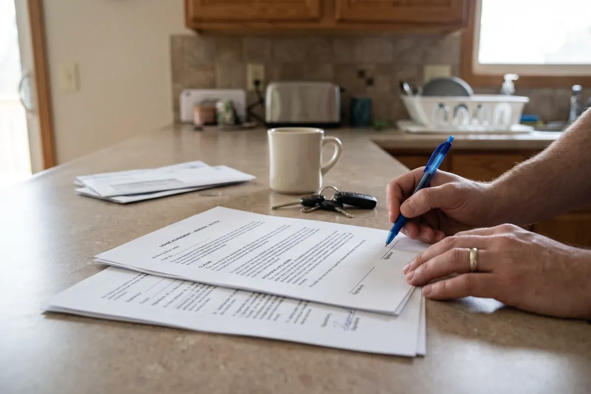 Printed lease paperwork headed 'Lease Agreement - Renewal Notice' on a kitchen counter next to a coffee mug and keys, with two hands over the pages and one holding a blue pen above the signature line, no face visible.