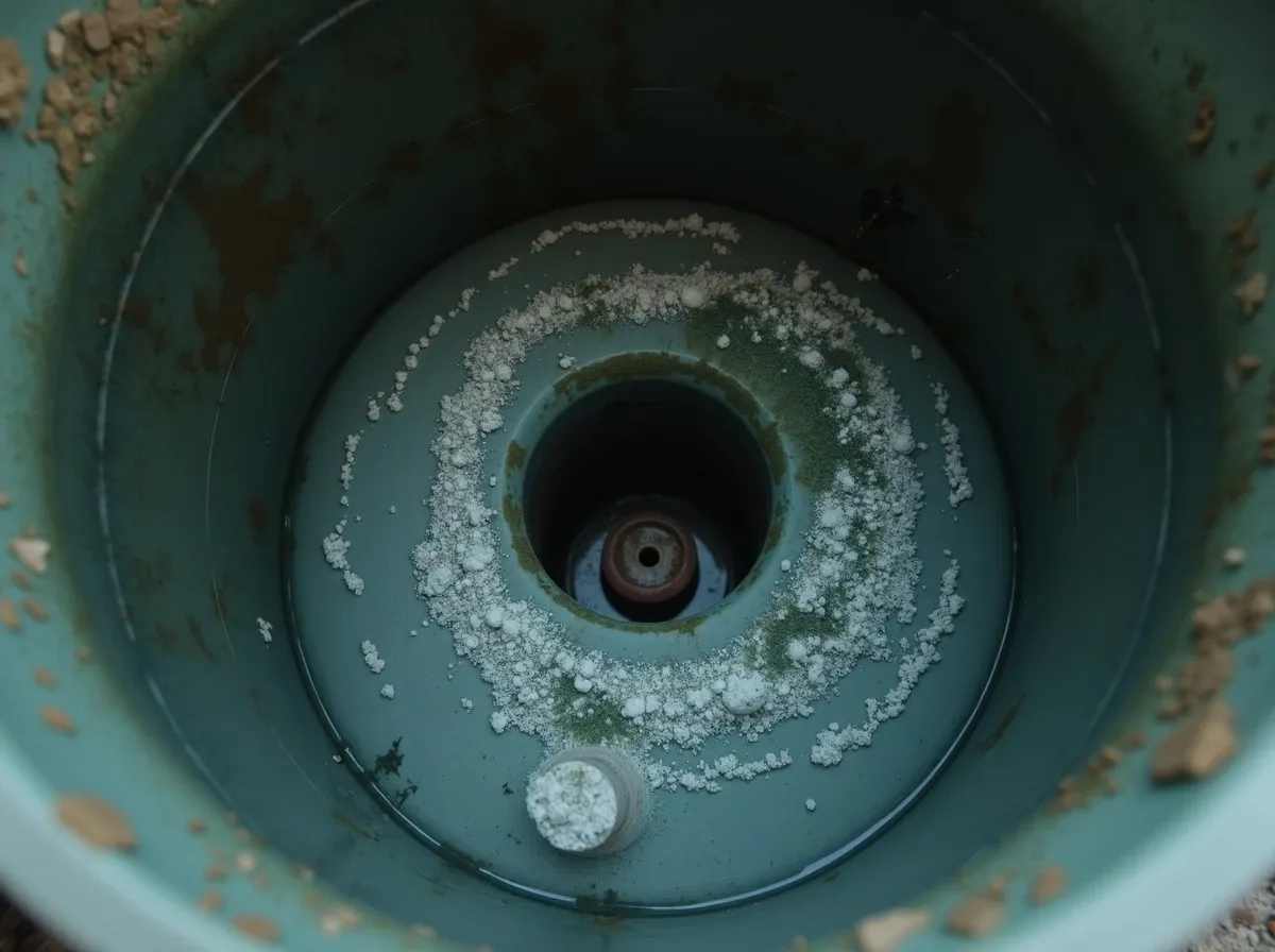 Looking down into the open bottom water tray of an evaporative swamp cooler, with shallow standing water, crusty white mineral scale rings around the float valve, and dark slimy biofilm residue along the metal sump.