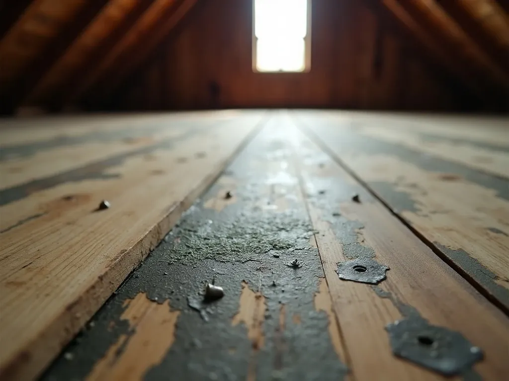 Dark greenish-black mold patches and moisture staining across roof decking plywood near nail holes and panel seams, wooden rafters visible, diffuse attic light from a gable vent.