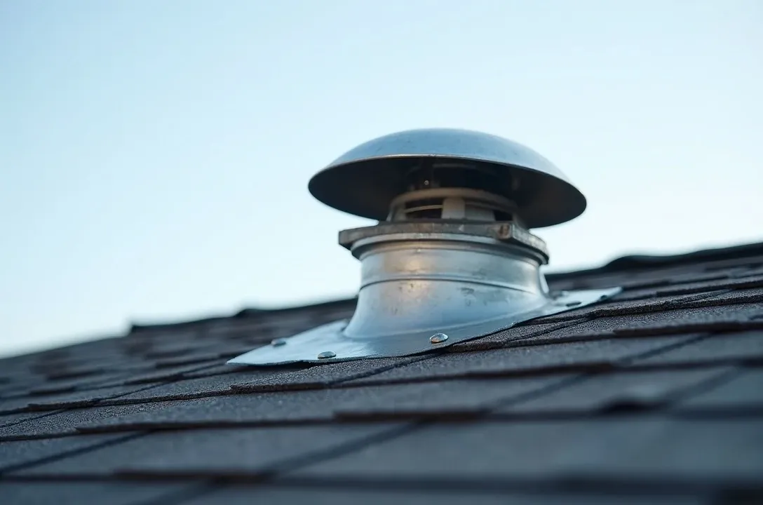 A galvanized metal exhaust vent cap mounted on a gray asphalt-shingle residential roof against a pale blue sky, the rounded hood where a bathroom or dryer exhaust duct terminates outdoors.