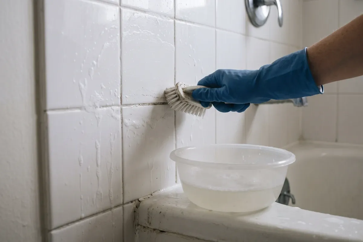 A blue-gloved hand scrubbing a grout line on a white tiled shower wall with a stiff-bristled brush, a plastic bowl of soapy water resting on the tub rim below