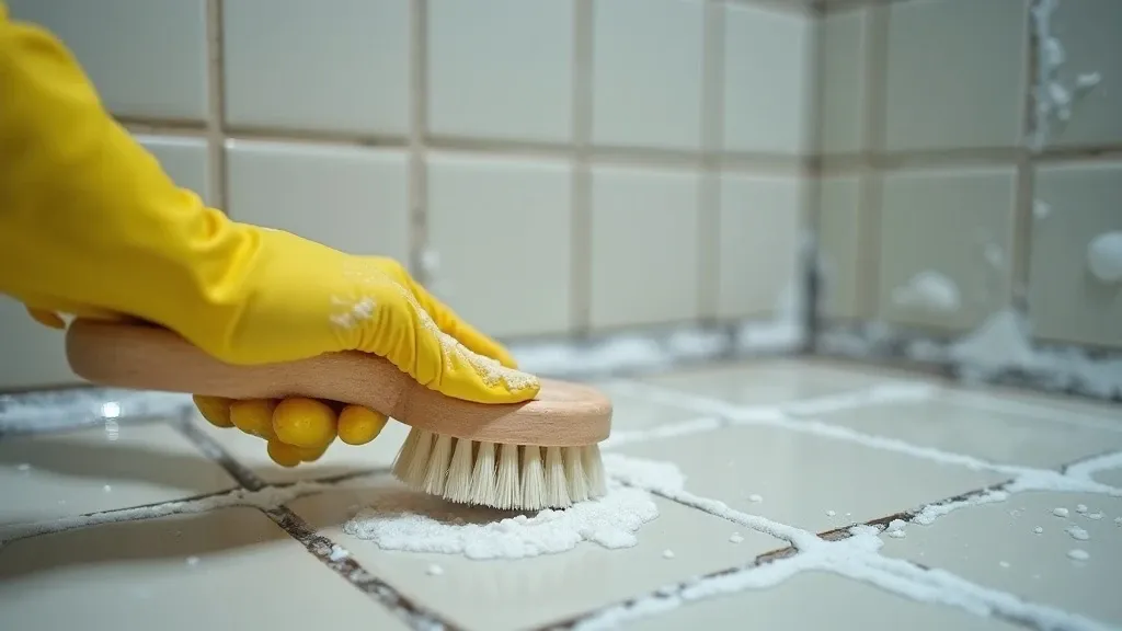 Gloved hand scrubbing mold from bathroom shower tile grout lines using a brush and sudsy cleaning solution, close view on the cleaning action