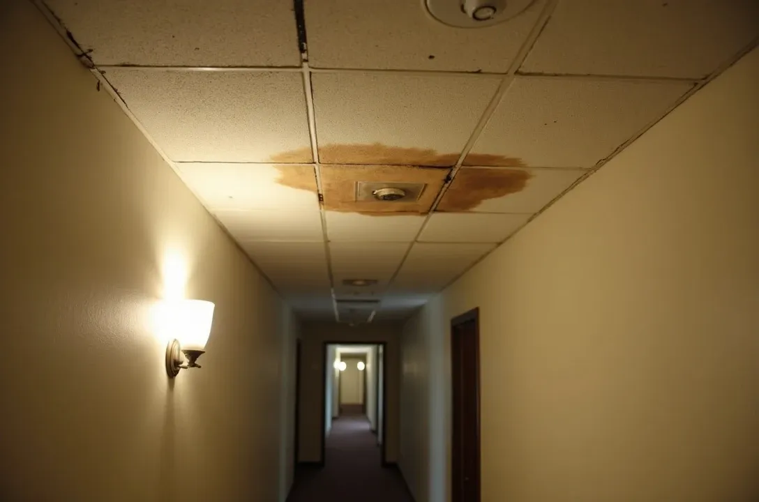A shared condo corridor ceiling with a large brown water stain spreading across a ceiling tile and the drywall near a recessed light, with faint dark mold edges starting at the perimeter and paint beginning to bubble.