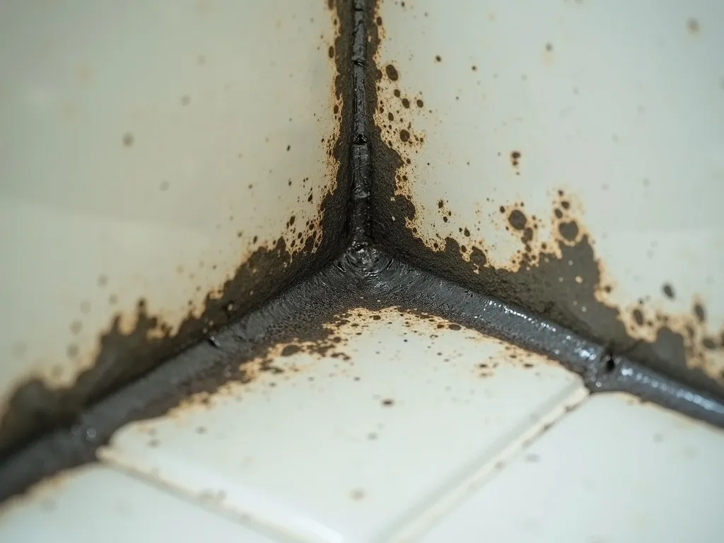 Black mold growing along the grout lines and silicone caulk of a tiled shower corner.