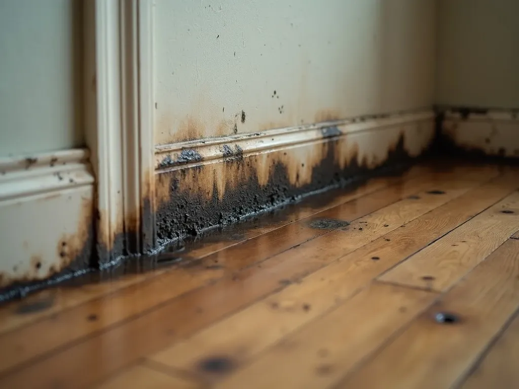 Warped flooring and a dark damp stain creeping up the baseboard and lower drywall of an older home, from a slow slab leak.