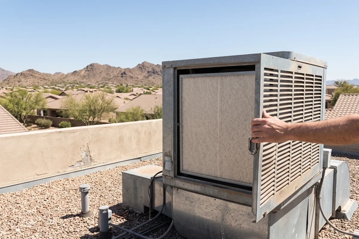 A hand opening the louvered side panel of a swamp cooler in spring daylight, a fresh pad visible inside the frame.