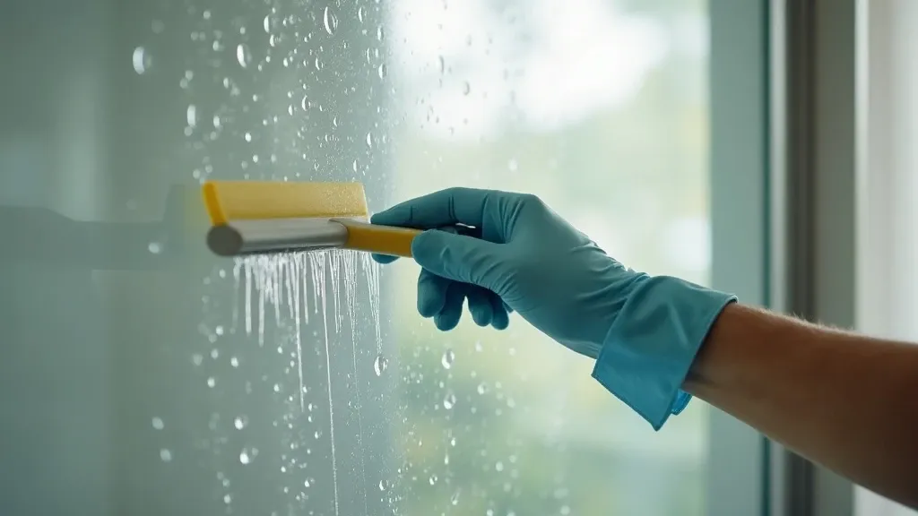 Gloved hand using a rubber squeegee to wipe water off a glass shower door after a shower, water droplets visible, morning light in bathroom
