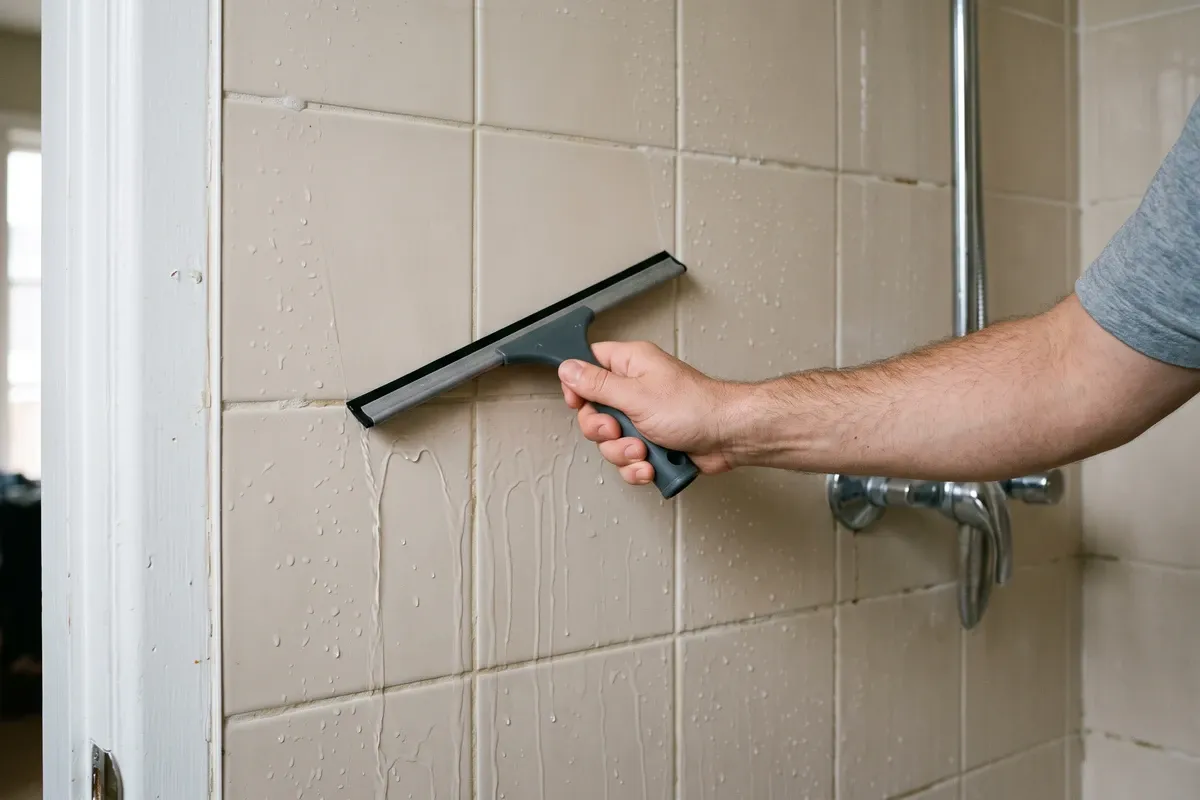 A hand pulling a rubber squeegee down a beige tiled shower wall, leaving clear water streaks behind the blade.