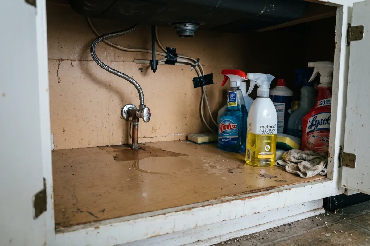 Under-sink cabinet with a shut-off valve and braided supply line and a small damp patch on the cabinet floor beneath it