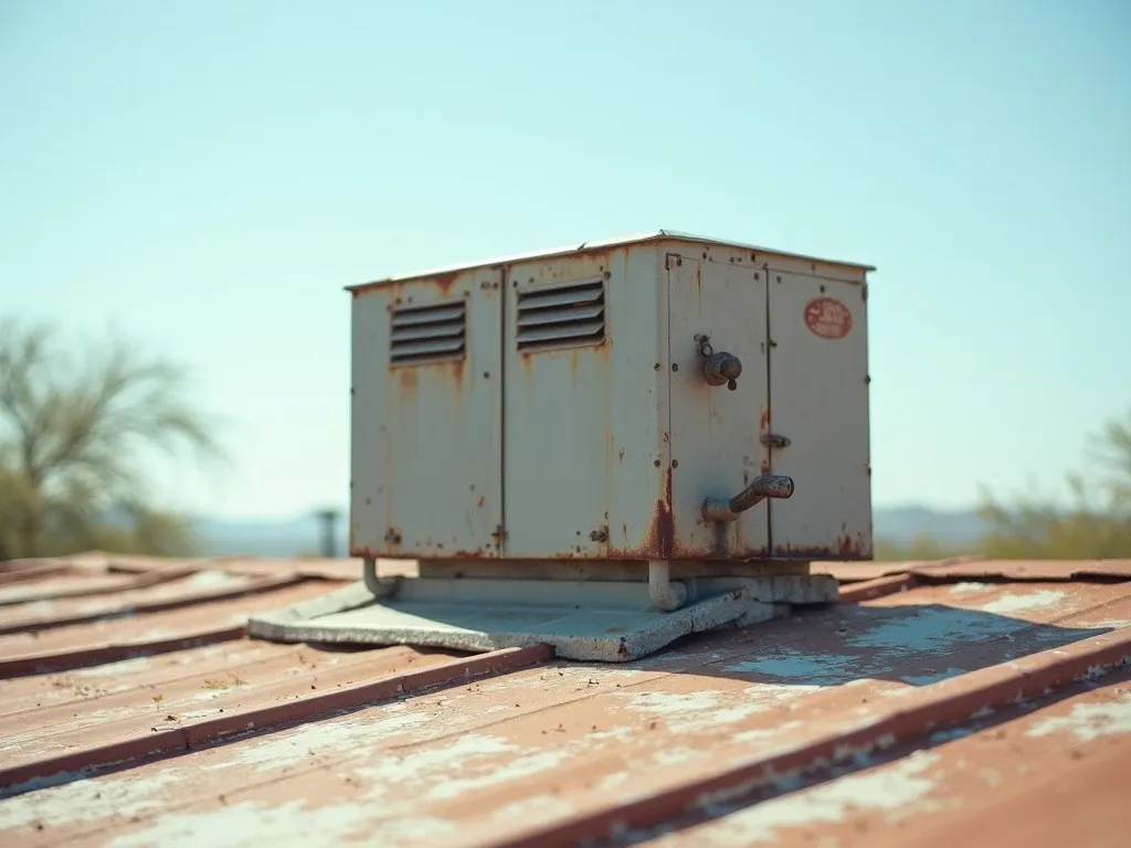 A roof-mounted evaporative swamp cooler on an older Phoenix home, weathered metal with rust and mineral staining.