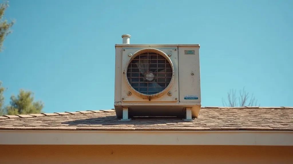 Older rooftop evaporative swamp cooler on a Phoenix home with weathered metal panels and visible water staining around the base, available daylight, slight grain.